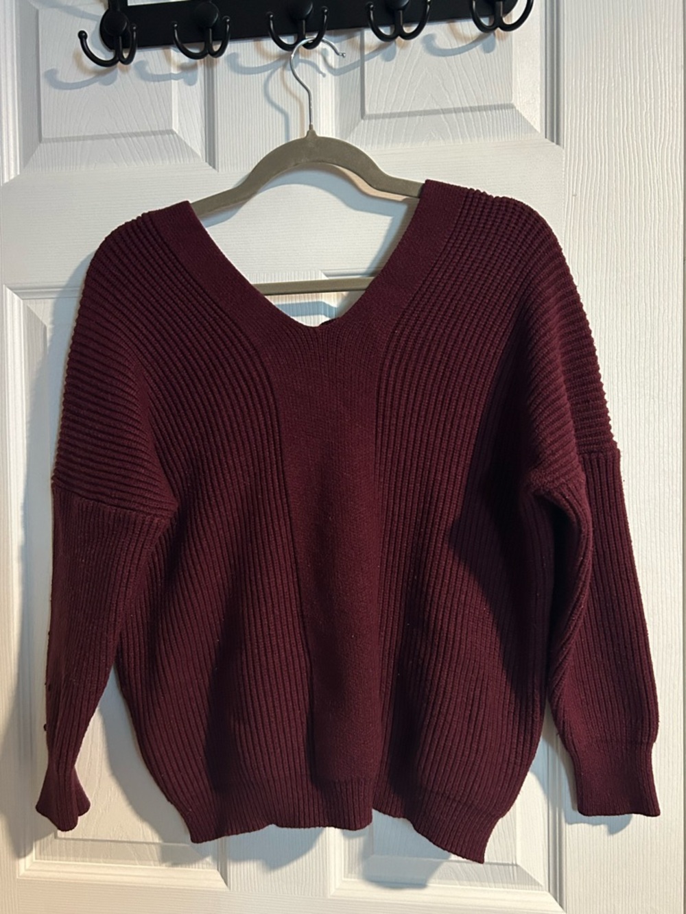 Maroon Knit Lace Up Back V-Neck Sweater
